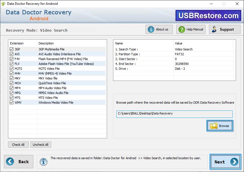 Browse path to save recovered data