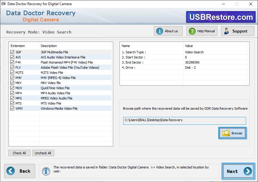 Browse path to save recovered data