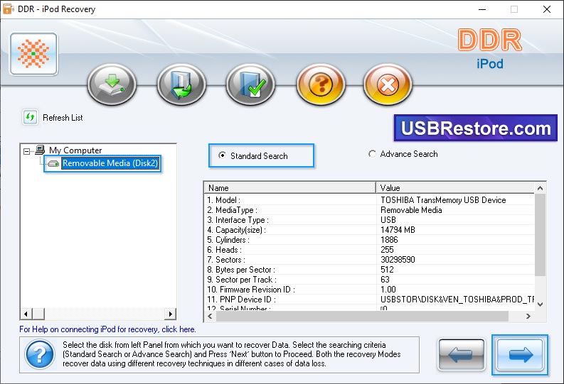 Select the disk and searching criteria